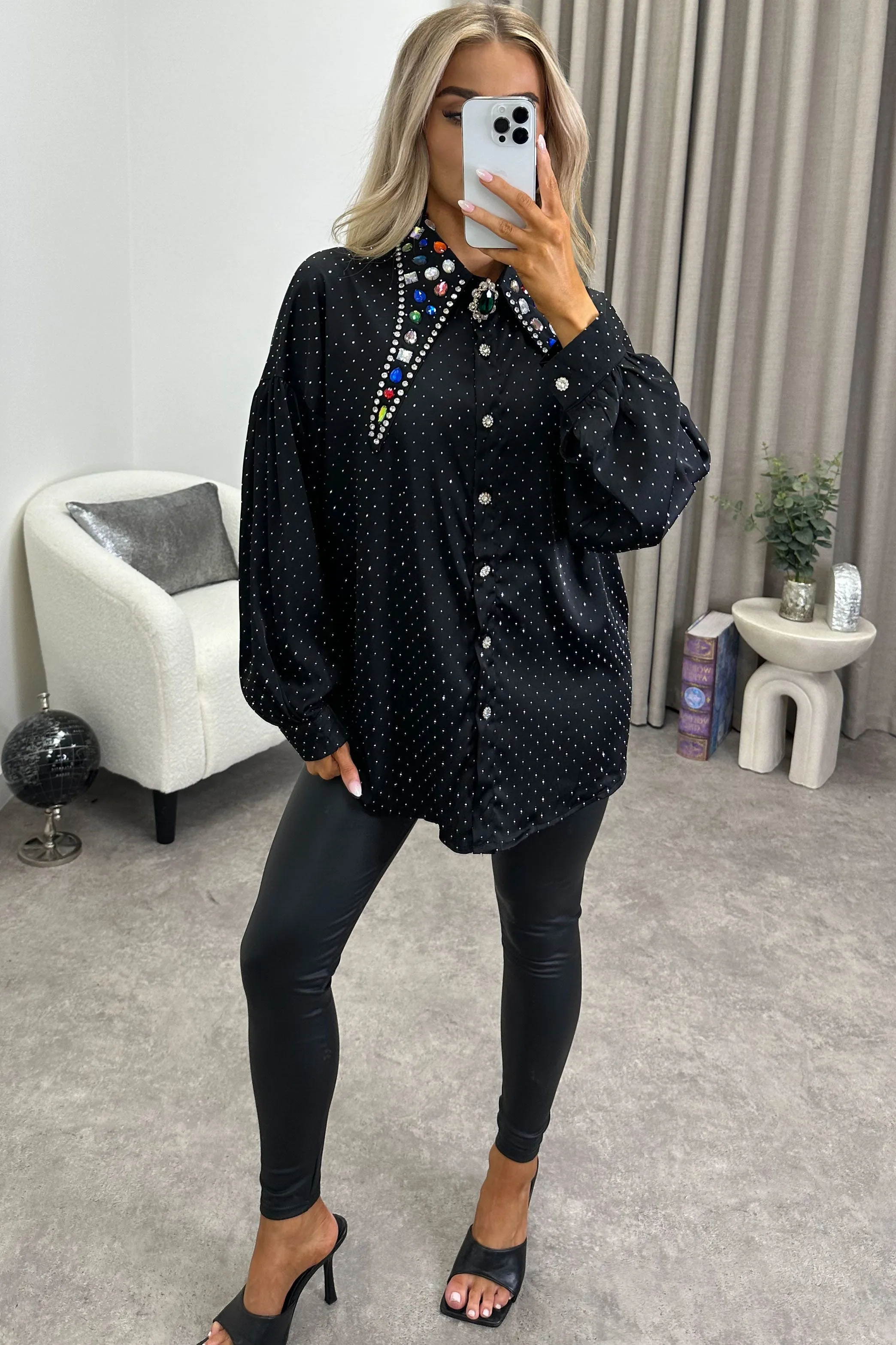 Kimmy Black Studded Embellished Collar Satin Shirt
