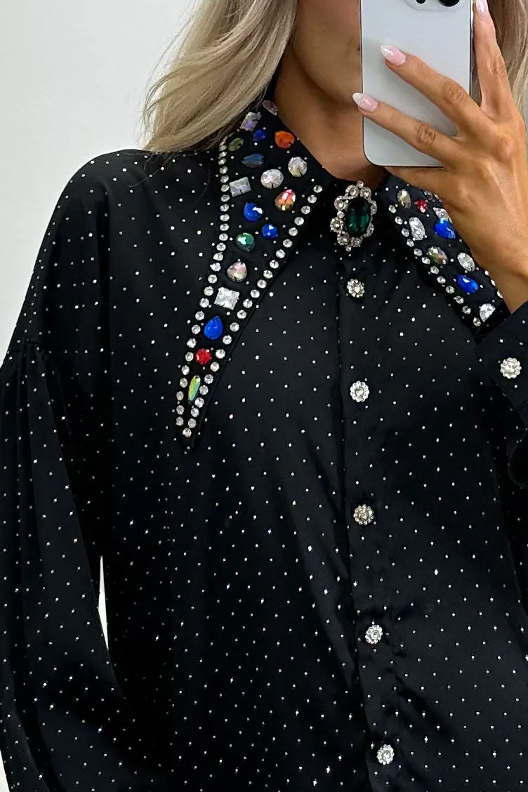 Kimmy Black Studded Embellished Collar Satin Shirt