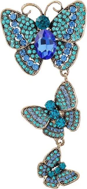 Mlouye 3 Butterfly Family Brooch Pendant Vintage Gold Tone Blue Rhinestone Crystal Insect Brooches Pins Broaches for Women