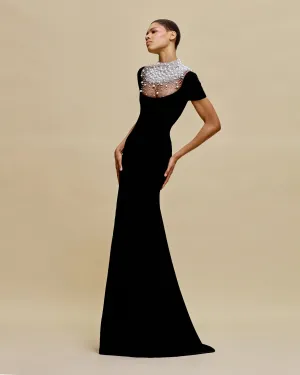 PEARL EMBELLISHED NECKLINE FIT-AND-FLARE GOWN WITH CAP SLEEVES