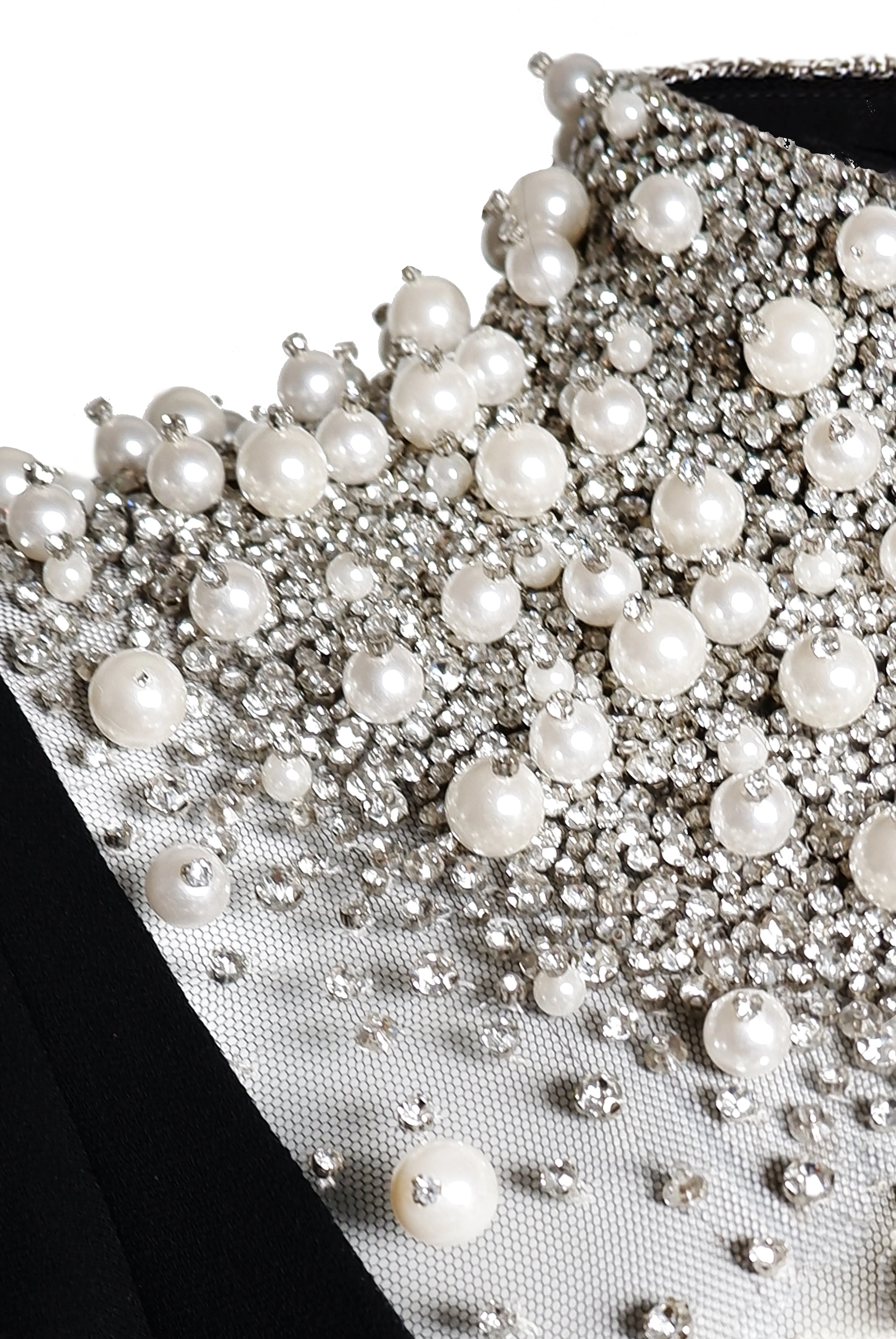 PEARL EMBELLISHED NECKLINE FIT-AND-FLARE GOWN WITH CAP SLEEVES