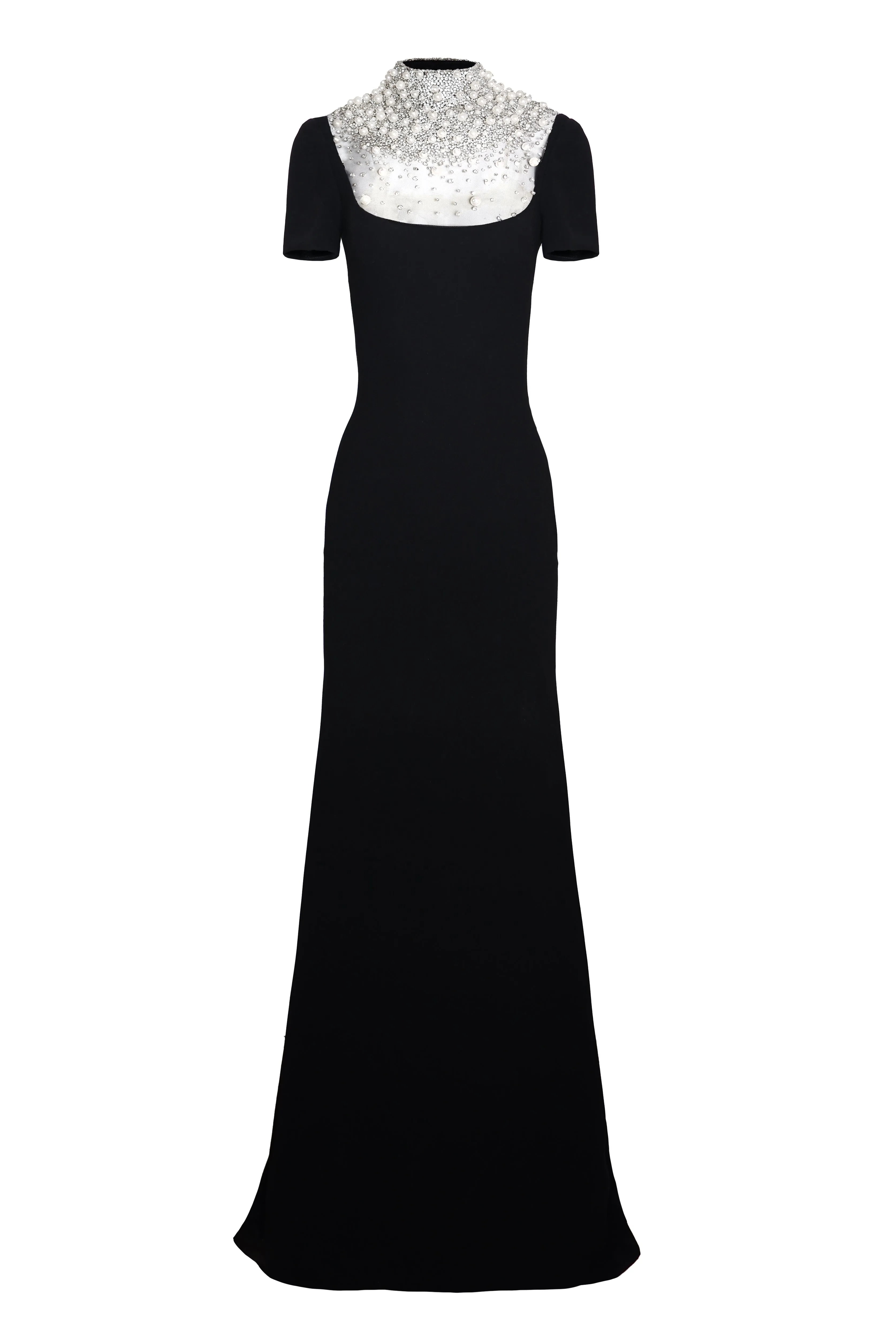 PEARL EMBELLISHED NECKLINE FIT-AND-FLARE GOWN WITH CAP SLEEVES