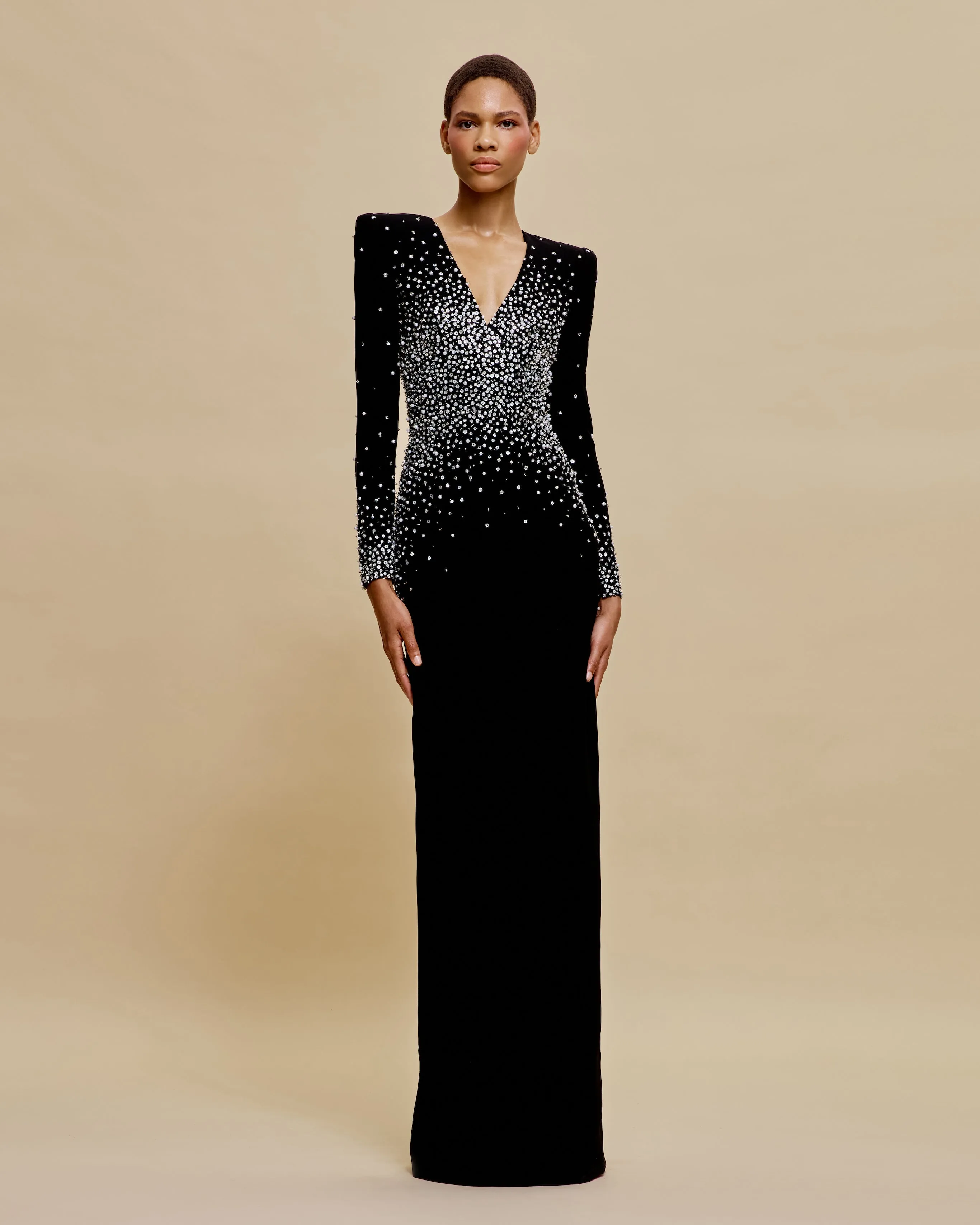 PEARL EMBELLISHED V-NECK LONG SLEEVE COLUMN GOWN