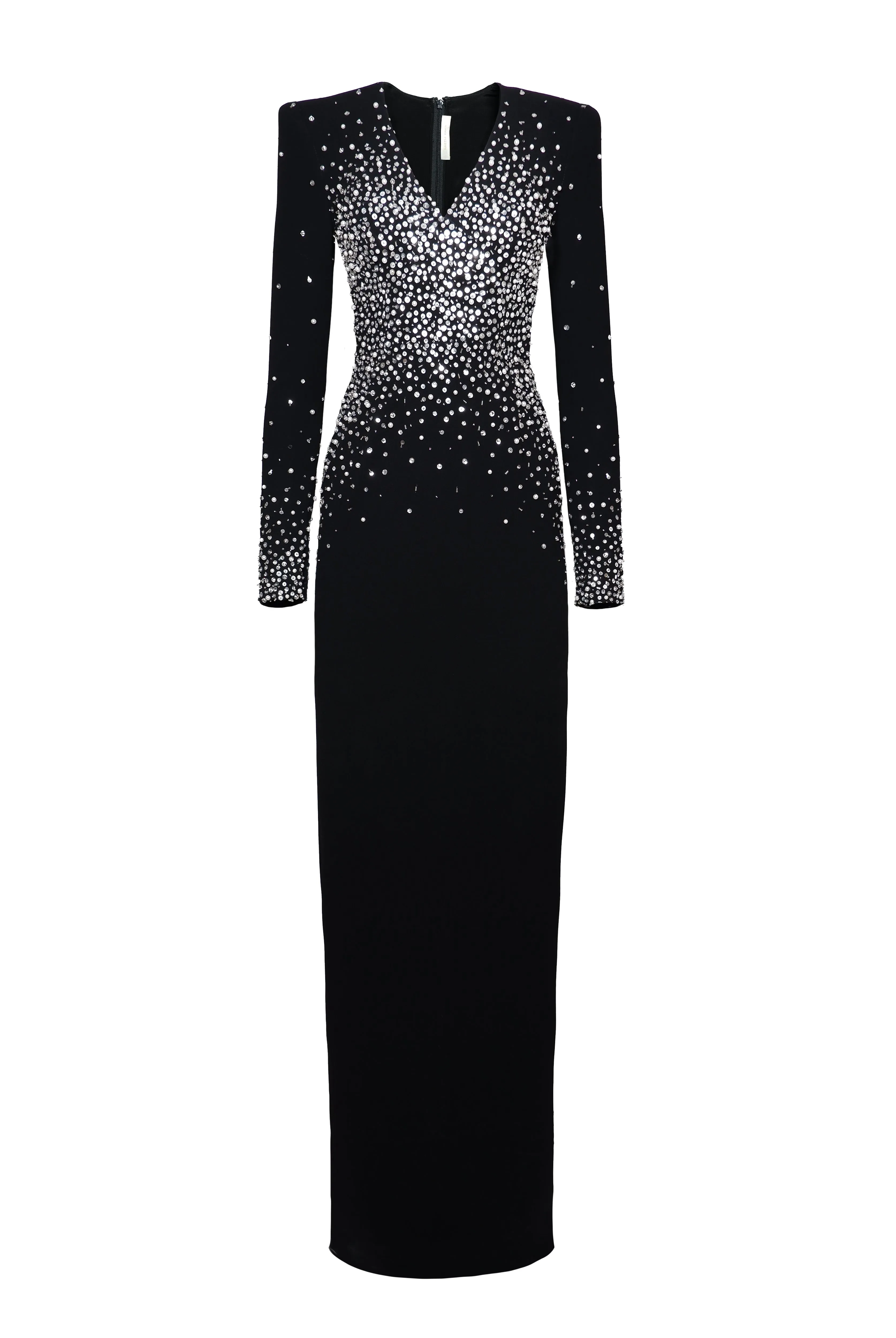PEARL EMBELLISHED V-NECK LONG SLEEVE COLUMN GOWN