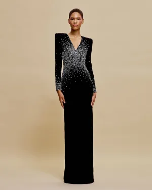 PEARL EMBELLISHED V-NECK LONG SLEEVE COLUMN GOWN
