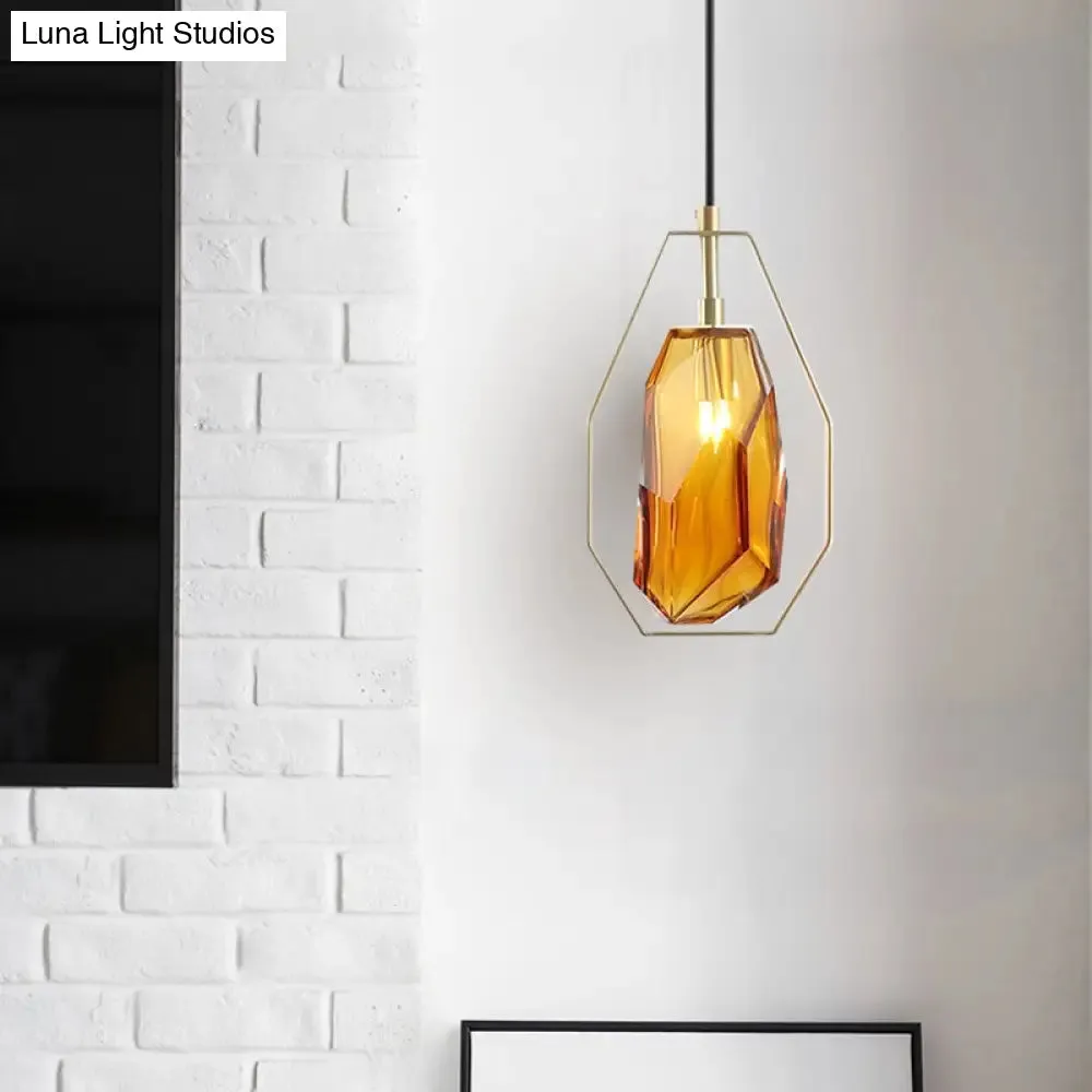 Postmodernist 1-Light Brass Pendant Lamp with Amber/Smoke Grey Glass and Heptagon Frame
