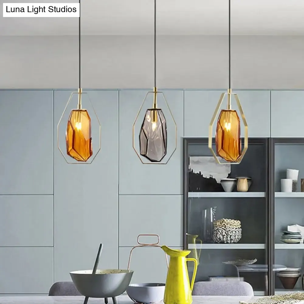 Postmodernist 1-Light Brass Pendant Lamp with Amber/Smoke Grey Glass and Heptagon Frame