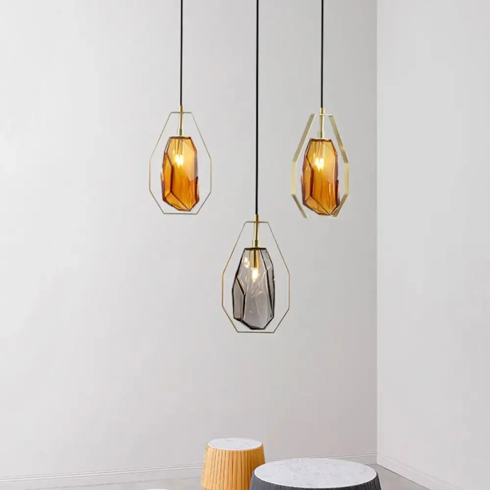 Postmodernist 1-Light Brass Pendant Lamp with Amber/Smoke Grey Glass and Heptagon Frame