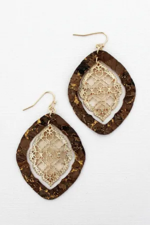 SALE! Brown Cork and Goldtone Moroccan Filigree Earrings