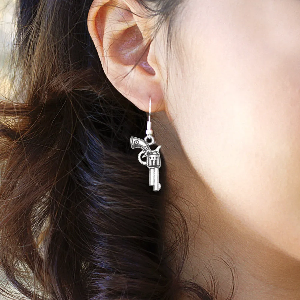 Silver Revolver Charm Dangle Earrings