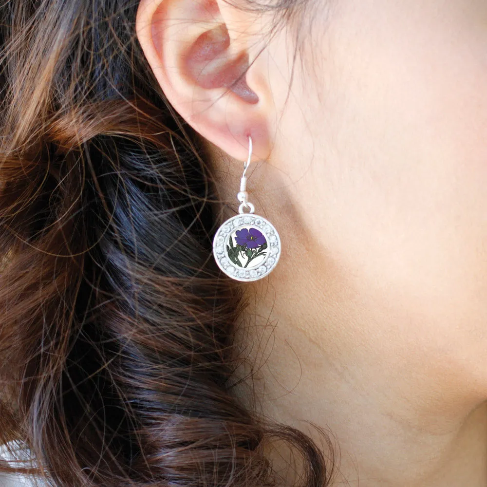 Silver Violet Flower Circle Charm Dangle Earrings