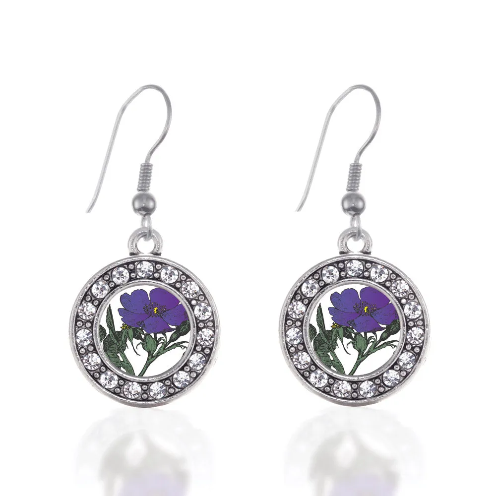 Silver Violet Flower Circle Charm Dangle Earrings