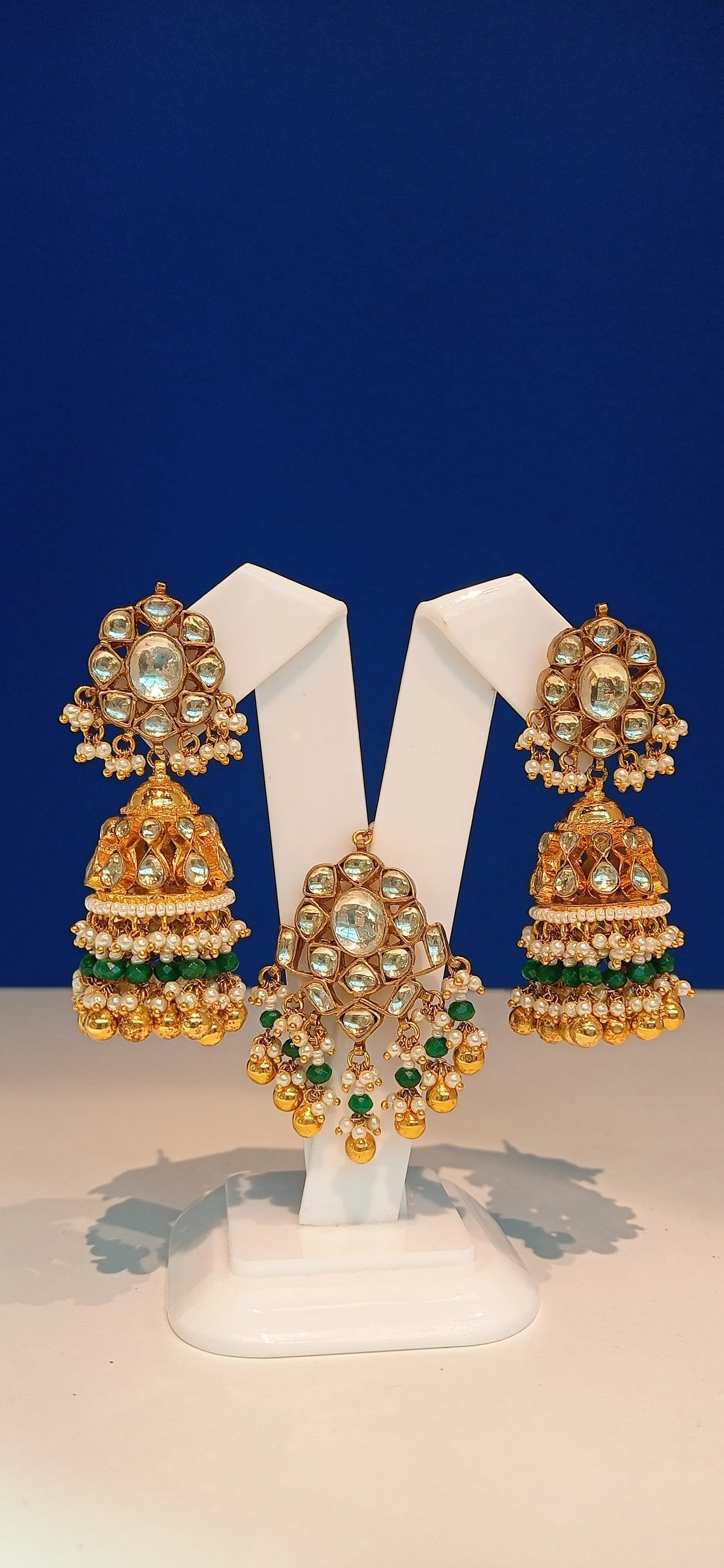 Varania Green Kundan and Imitation Polki Diamonds Necklace, Earrings and Teeka Set
