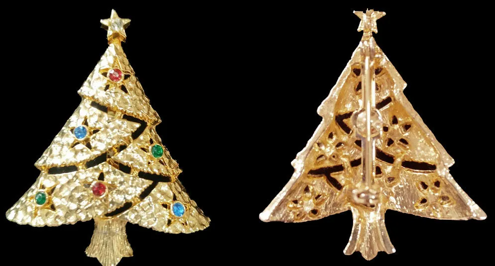 *VINTAGE CHRISTMAS TREE PIN MULTI-COLORED RHINESTONE PIN