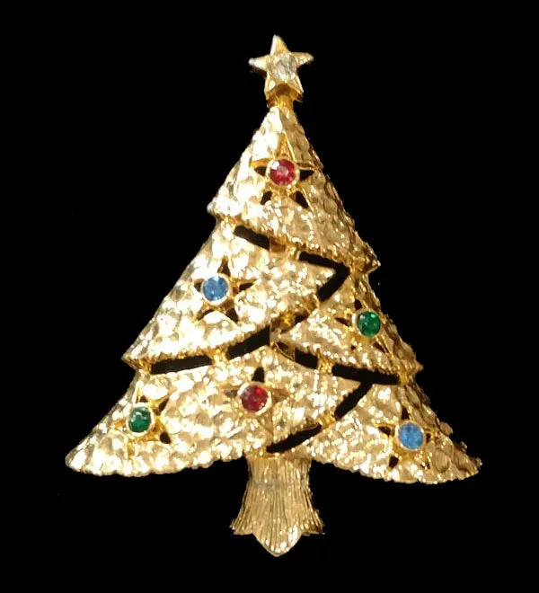 *VINTAGE CHRISTMAS TREE PIN MULTI-COLORED RHINESTONE PIN
