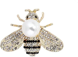 White Pearl Queen Bee Brooches Pins Women Girls Bumble Bee Lapel Pin Crystal Honeybee Safty Pin Fashion Bee Clothes Decor Corsage
