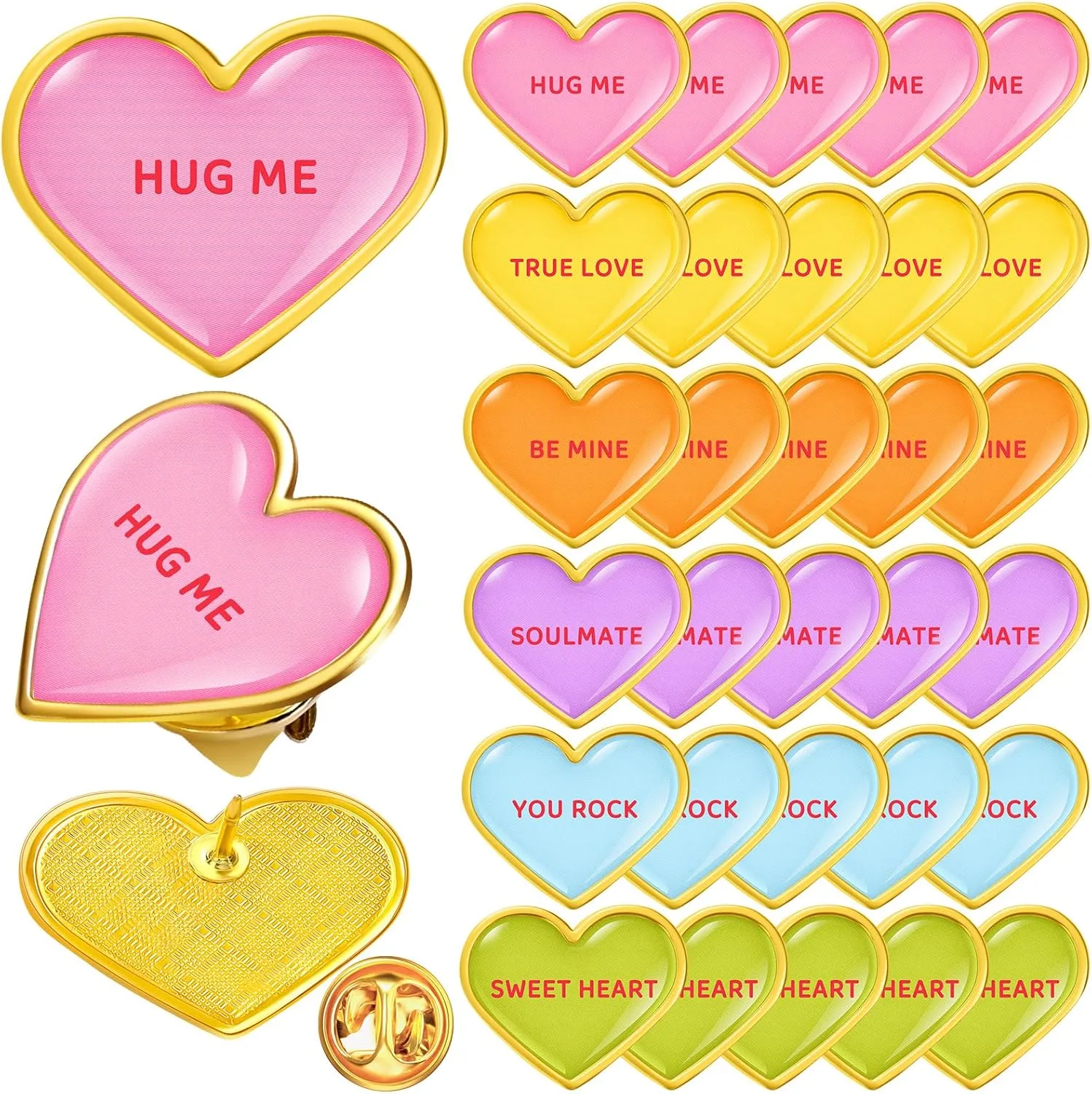 Yinkin 30 Pcs Valentines Day Heart Shaped Pins Colorful Love Brooch Metal Motivational Heart Badge for Valentines Party Favor Class Gift Card Employee Teacher Volunteer
